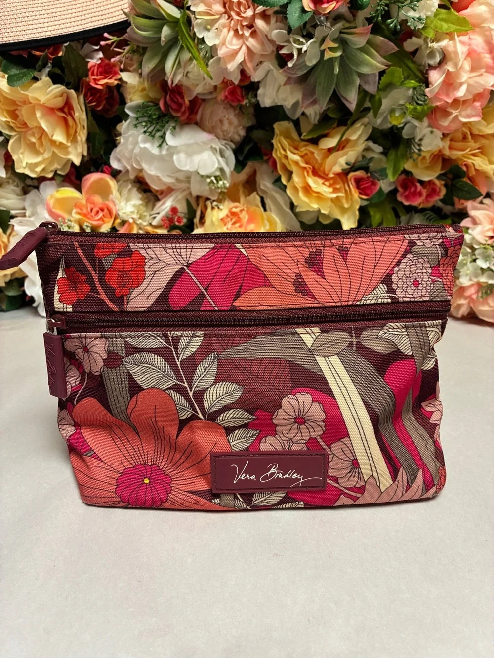 Vera Bradley Lighten Up Bohemian Blooms Cosmetic Case Red Pink Floral Retired